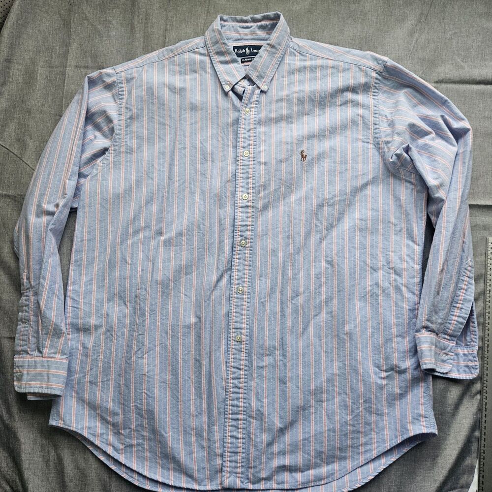 Ralph Lauren Mens‎ XXL Blue Pink Stripe Flesh Pony Preppt Fashion Golf Polo Long
